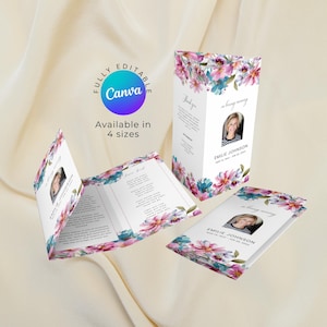 May include: A set of memorial cards and a box featuring floral designs in pink, blue, and purple. The cards and box include a photo and the name "EMILIE JOHNSON". The Canva logo and text "Available in 4 sizes" are also visible.