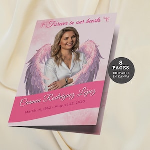 Programa funerario celestial para mujeres, plantilla de alas de ángel rosa, obituario editable en Canva, celebración de la vida, diseño de volante para servicio conmemorativo