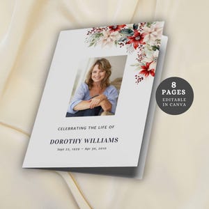 Puede incluir: Un programa conmemorativo blanco con una foto de una mujer, detalles florales y texto. El programa dice "Celebrando la vida de Dorothy Williams" con sus fechas de nacimiento y defunción. Un gráfico circular indica "8 páginas editables en Canva."