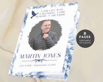 Blue Obituary Template Canva Editable Funeral Program Template for Memorial Service Program Foldable Celebration of Life 8 page Template