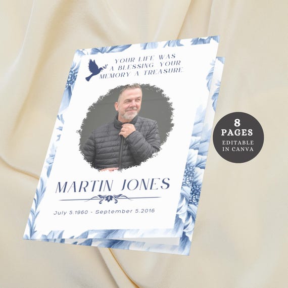 Blue Obituary Template Canva Editable Funeral Program Template for Memorial Service Program Foldable Celebration of Life 8 page Template