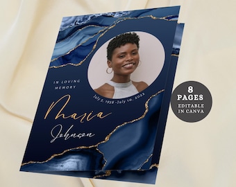 Navy and Gold Canva Funeral Program Template Editable 8 Page Funeral Brochure Memorial Service Custom Obituary Template for Funeral Memorial