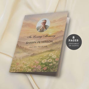 Könnte beinhalten: Ein Gedenkprogramm mit einem Aquarell-Landschaftsdesign. Das Cover zeigt ein Foto, den Text "In Loving Memory", den Namen "SHAWN PETERSON" und Daten. Eine kreisförmige Grafik zeigt "8 PAGES EDITABLE IN CANVA."