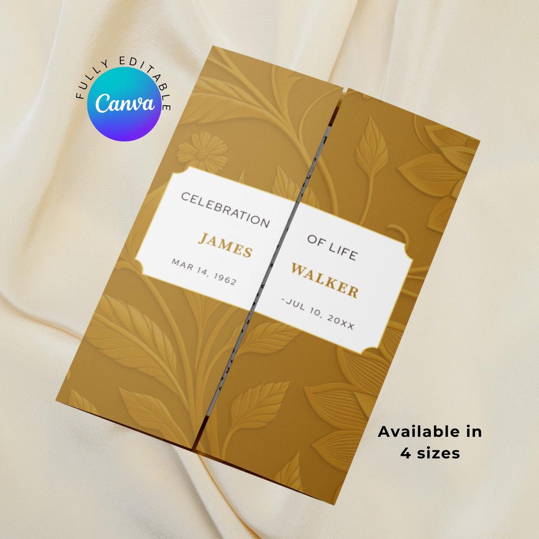 Gold Funeral Program Template Canva Editable Gatefold Obituary Brochure ...