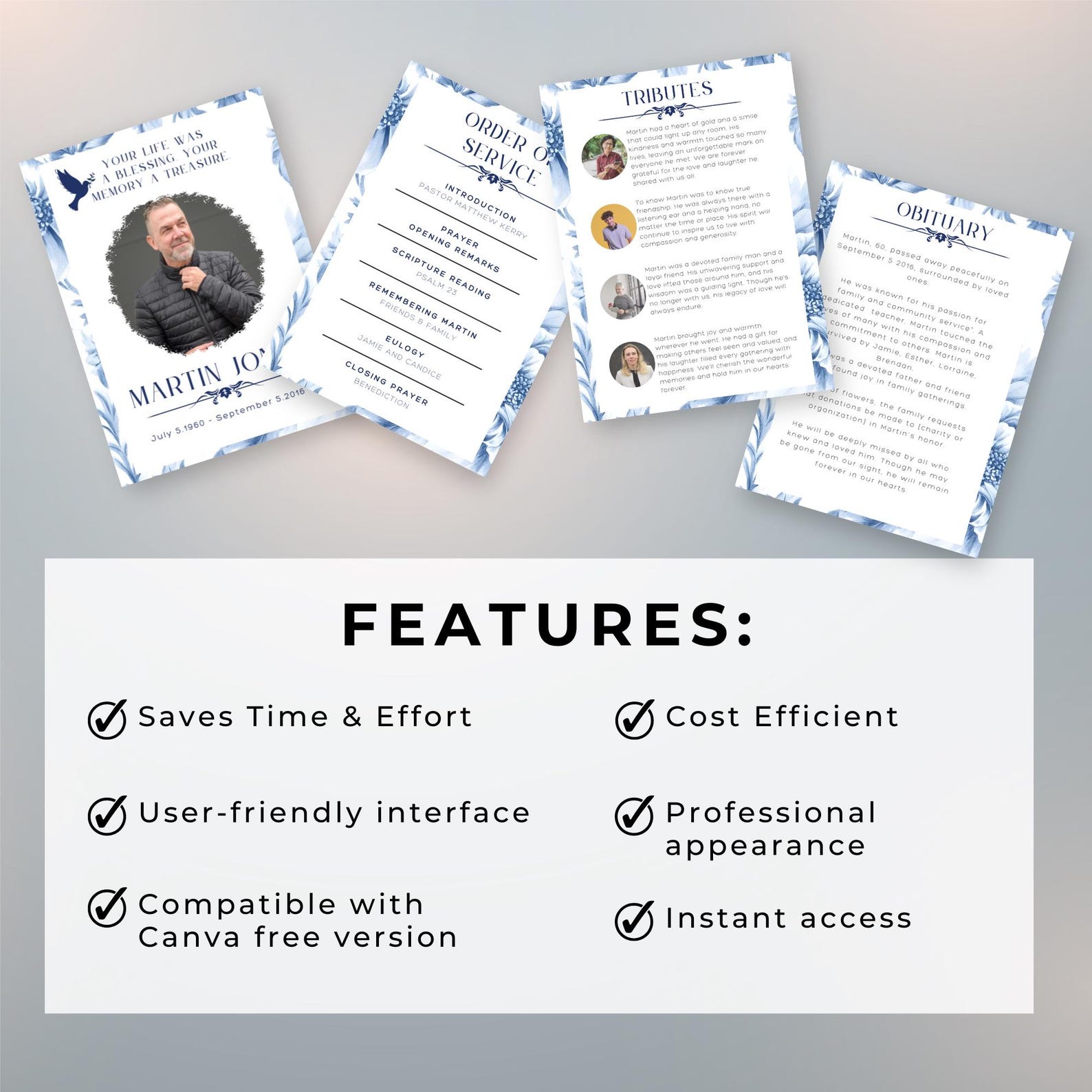 Blue Obituary Template Canva Editable Funeral Program Template for