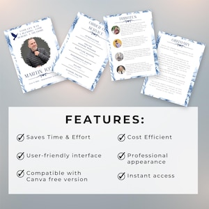 May include: A blue and white floral design template for a funeral program or memorial service. The template includes sections for the order of service, tributes, and an obituary. The template is designed to be used with Canva.