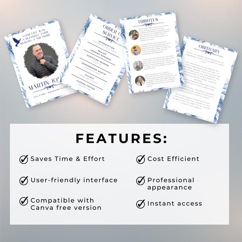 May include: A blue and white floral design template for a funeral program or memorial service. The template includes sections for the order of service, tributes, and an obituary. The template is designed to be used with Canva.
