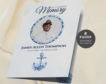 French Toile Nautical Funeral Program, Patriotic Celebration of Life (Canva Template)