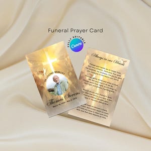 Pasen katholieke gebedskaarten, gouden begrafenis gebedskaart canva sjabloon bewerkbare herdenkingskaart, afdrukbare sympathie gebedskaart voor Memorial