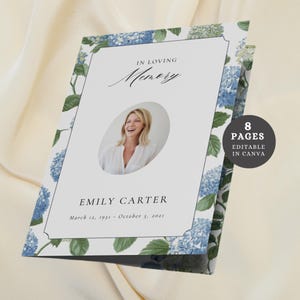 Blue Hydrangea Funeral Program Template, Bifold Obituary Canva Template, Editable Celebration of Life, Memorial Service Brochure Printable