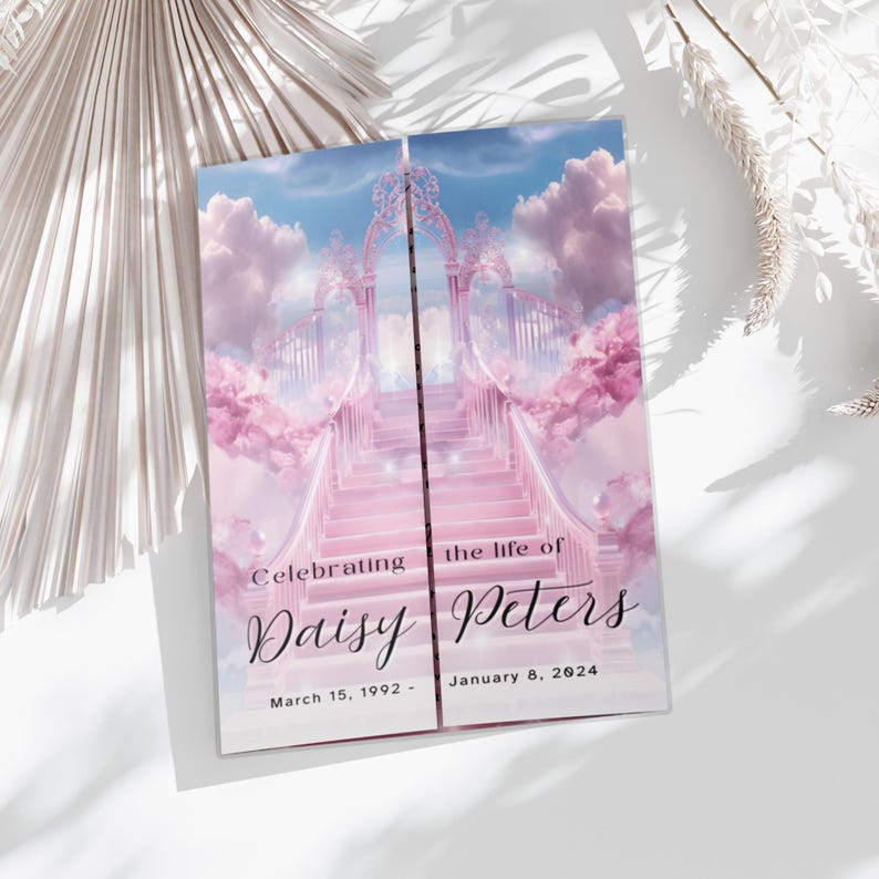 May include: A pink and blue memorial card with a stairway to heaven image. The text reads "Celebrating the life of Daisy Peters, March 15, 1992 - January 8, 2024".