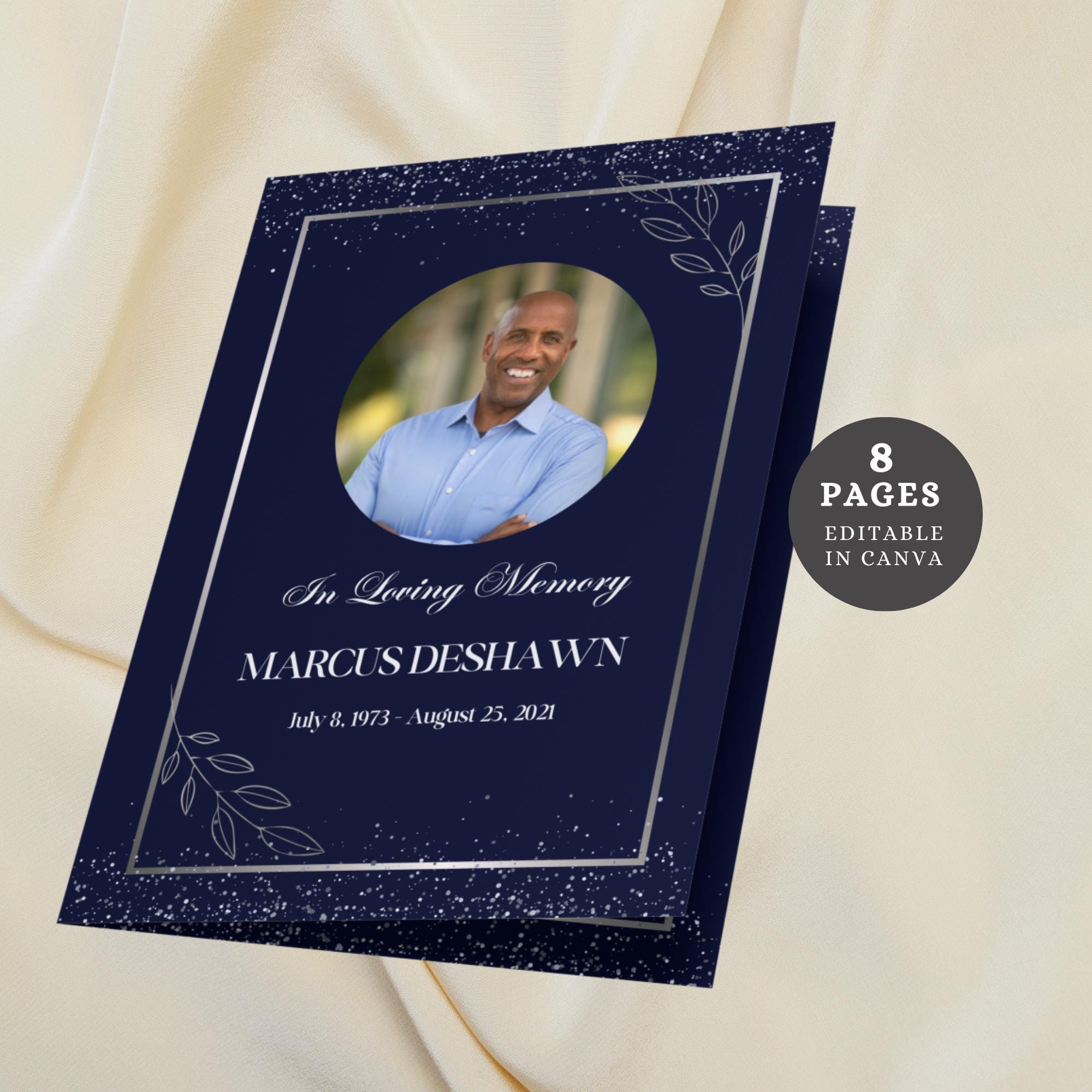 Blue & Silver Funeral Program Canva Template, Printable Obituary