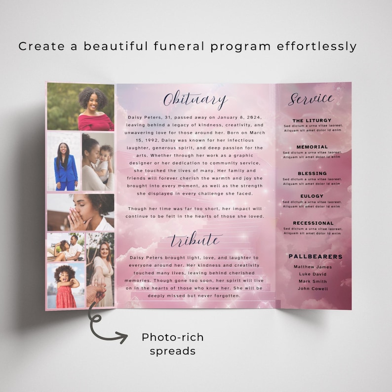 May include: A pink and white funeral program template with a photo collage of a woman and her daughter. The program includes sections for the obituary, tribute, service, and pallbearers. The text "Photo-rich spreads" is at the bottom of the page.