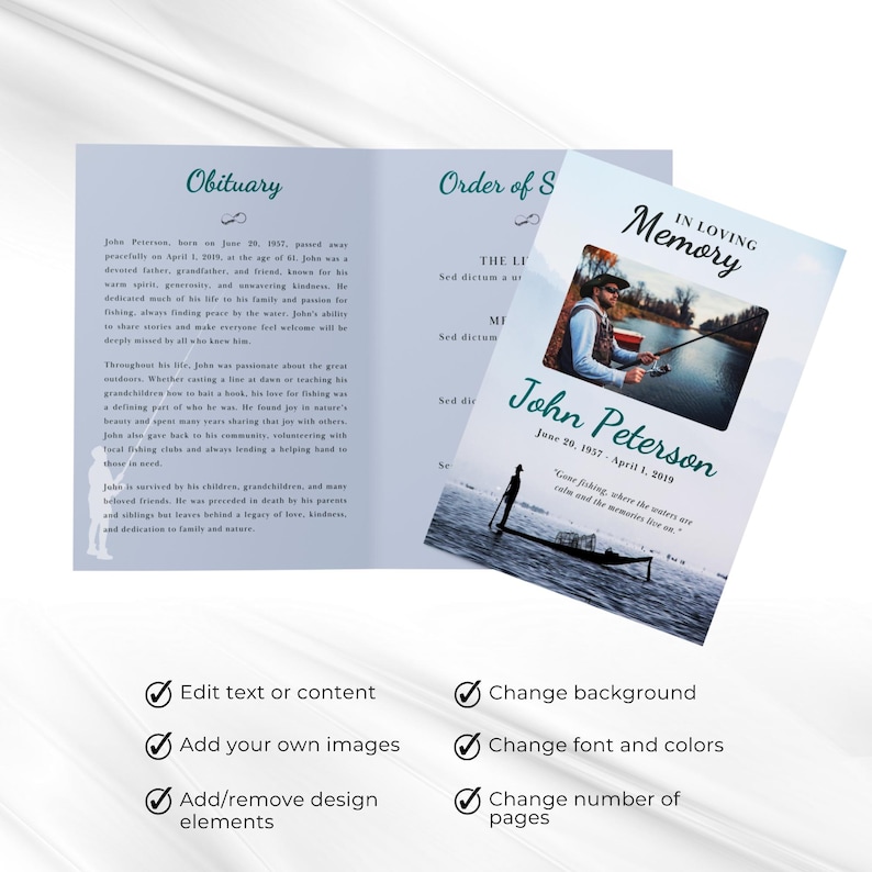 Fish Funeral Program Design Fishing Funeral Program Template 8 Page Editable Mens Obituary Template ...