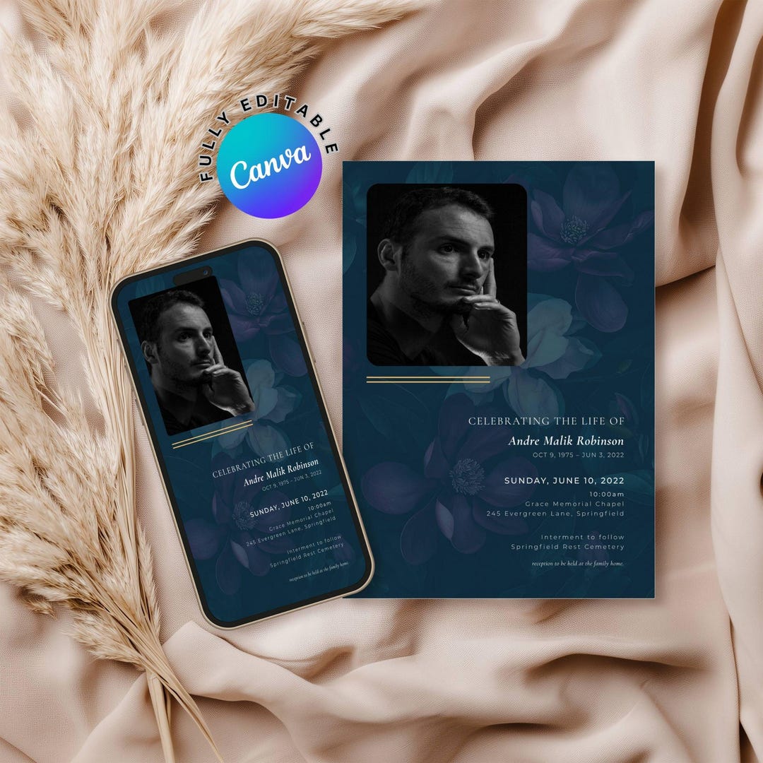 Purple Floral Funeral Invitation Canva Template, Digital Announcement ...