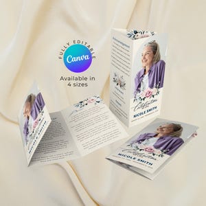 Trifold Funeral Program Canva Template Floral Obituary for Woman, Funeral Invitation for Celebration of Life, Simple Funeral Announcement