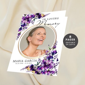 Purple Funeral Program Canva Memorial Service Template Editable Obituary Program Floral Funeral Brochur 8 pages for Celebration of Life
