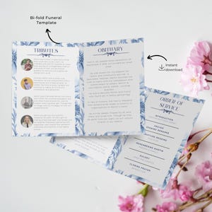 May include: A blue and white floral funeral program template with the text "Bi-fold Funeral Template", "Tributes", "Obituary", "Order of Service", and "Instant Download".