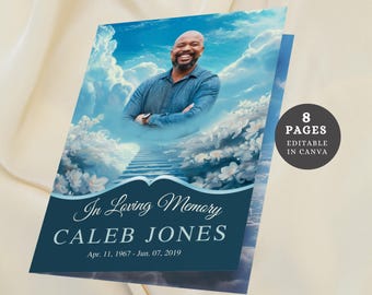 Stairway Funeral Program Template Canva Template Heavenly Memorial Program Editable Blue Celebration of Life, Obituary Template Man Funeral