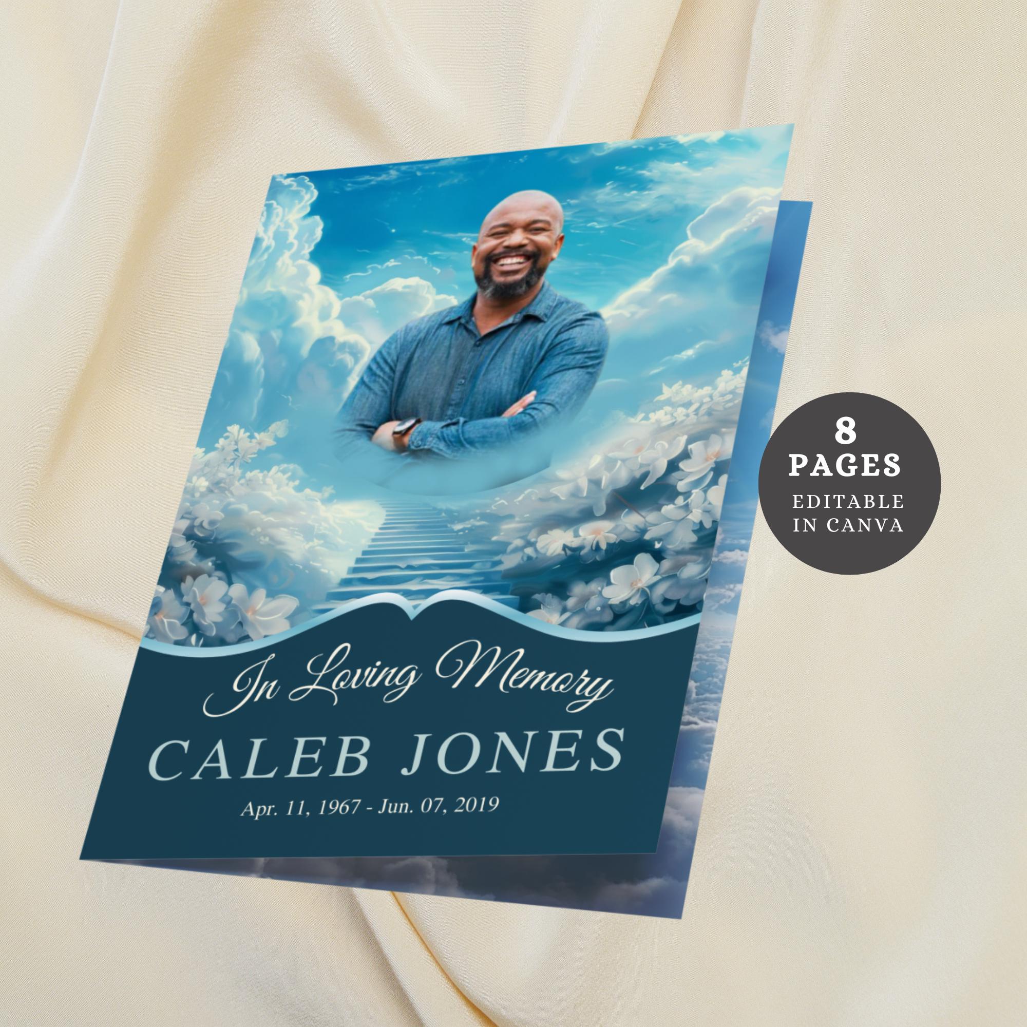 Stairway Funeral Program Template Canva Template Heavenly Memorial Program Editable Blue Celebration of Life, Obituary Template Man Funeral