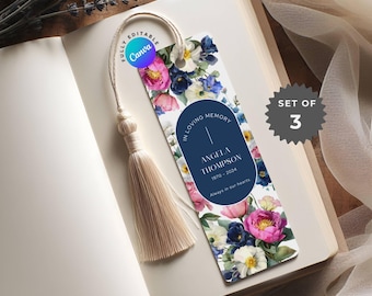 Marcador de página floral para funeral em Canva, lembrança imprimível para celebração da vida, marcadores de página personalizados para homenagem póstuma, lembrança de obituário.