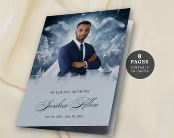 Blue Heavenly Staircase Funeral Booklet Template, Canva Editable Celebration of Life Program, Angel Wings Memorial Design, Instant Download