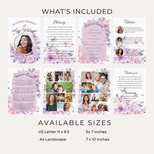 Puede incluir: Un conjunto de plantillas de funeral imprimibles con un dise&ntilde;o floral en tonos morados y rosas. Las plantillas incluyen un obituario, un orden de servicio, tributos, una nota de agradecimiento y una tarjeta de inhumaci&oacute;n. Las plantillas est&aacute;n disponibles en formato A4 horizontal, US Letter (11 x 8,5 pulgadas), 5 x 7 pulgadas y 7 x 10 pulgadas.