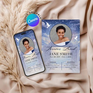 Invitación digital para funeral de Heavenly Gate, plantilla editable de Canva para funerales de Evite, invitación imprimible para obituario, tarjeta conmemorativa azul para funerales