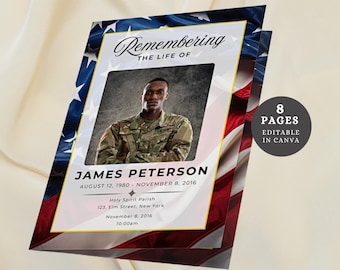 Military Veteran Funeral Program Canva Template Editable Obituary for Memorial Service Patriotic Celebration of Life Ceremony Brochure