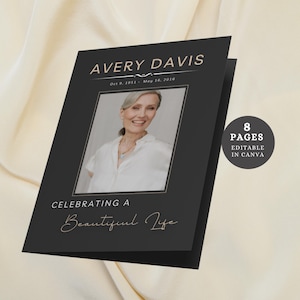 Könnte beinhalten: Schwarze und goldene Trauerprogrammvorlage mit einem Foto einer Frau und dem Text "AVERY DAVIS 9. Oktober 1951 - 16. Mai 2016 EIN SCHÖNES LEBEN FEIERN 8 SEITEN BEARBEITBAR IN CANVA".