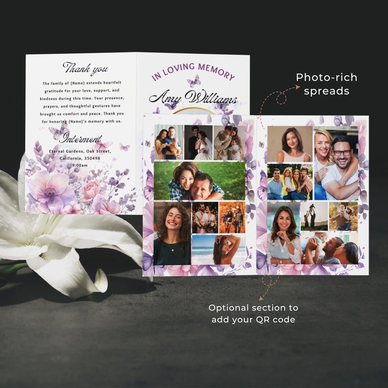 Puede incluir: Una tarjeta conmemorativa de tem&aacute;tica floral en morado y blanco con un collage de fotos de una mujer llamada Amy Williams. La tarjeta incluye el texto "En memoria cari&ntilde;osa" y "Gracias".