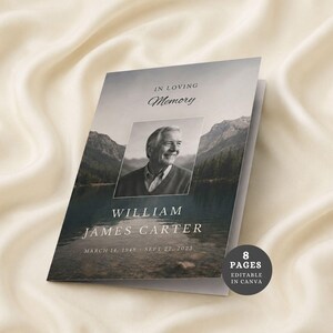 Scenic Mountain Funeral Program Canva Template Modern Obituary Celebration of Life Booklet 8 Page Memorial Service for Men Nature Tribute