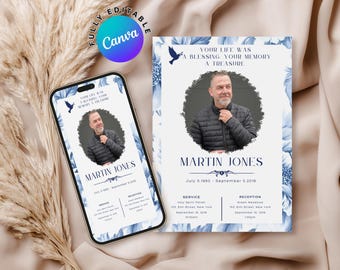 May include: A blue and white floral memorial card with a photo of a man in a blue jacket. The card includes the text "Your life was a blessing, your memory a treasure." and "Martin Jones, July 5, 1960 - September 5, 2016". The card also includes information about the service and reception.