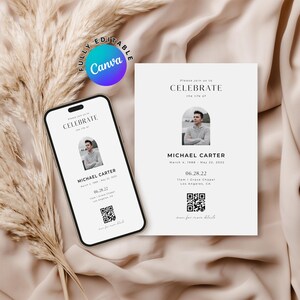 May include: A smartphone and a printed card with a minimalist design. Both display the text "CELEBRATE the life of MICHAEL CARTER" with a photo, date, and location. A QR code is included for more details. The Canva logo is visible.