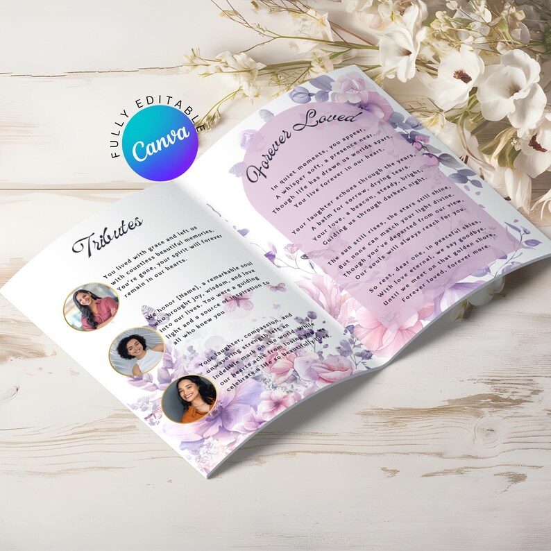 Puede incluir: Un dise&ntilde;o floral morado y rosa con un borde dorado. El texto "Forever Loved" est&aacute; escrito en una fuente de letra cursiva. El texto "Tributes" est&aacute; escrito en negrita. El texto "You lived with grace and left us with countless beautiful memories. You're gone but your spirit will forever remain in our hearts." est&aacute; escrito en una fuente m&aacute;s peque&ntilde;a. Hay tres fotos de personas en el documento.