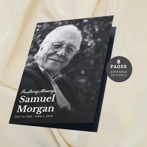 May include: A black and white memorial card featuring a portrait of an older man wearing glasses. The text "In Loving Memory Samuel Morgan" is displayed, along with the dates "July 14, 1923 - June 4, 2019." The card is labeled "8 Pages Editable in Canva."
