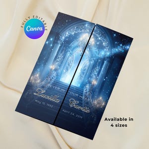 Blue Heavenly Gatefold Funeral Program Template Editable Canva Obituary for Memorial Service, Funeral Invitation for Celebration of Life
