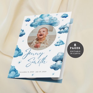 Plantilla de Canva para programa funerario de Blue Clouds para bebé niño. Servicio conmemorativo infantil editable, celebración de la vida y plantilla de obituario infantil.