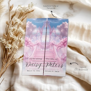 May include: A gatefold funeral template with a pink and white cloudy sky background. The text reads "Celebrating the life of Daisy Peters, March 15, 1992 - January 8, 2024".