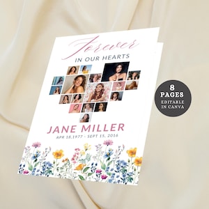 Può includere: Un modello di memoriale di 8 pagine con un collage di foto a forma di cuore al centro. Il modello è decorato con un bordo floreale e il testo "Forever in Our Hearts" e "Jane Miller, Apr 18, 1977 - Sept 15, 2016". Il modello è modificabile in Canva.