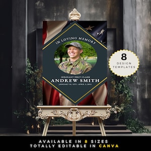 May include: A dark blue and gold diamond-shaped memorial sign with a photo of a man in military uniform. The sign reads "In Loving Memory" and "Sergeant First Class Andrew Smith, January 10, 1972 - April 3, 2019". The sign is displayed on a wooden easel in front of an American flag.