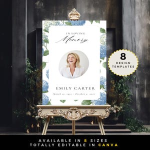 May include: A memorial sign featuring a photo of a woman, surrounded by blue hydrangea illustrations. The sign reads "In Loving Memory" and includes the name "Emily Carter" with birth and death dates. A gold starburst graphic indicates "8 Design Templates".