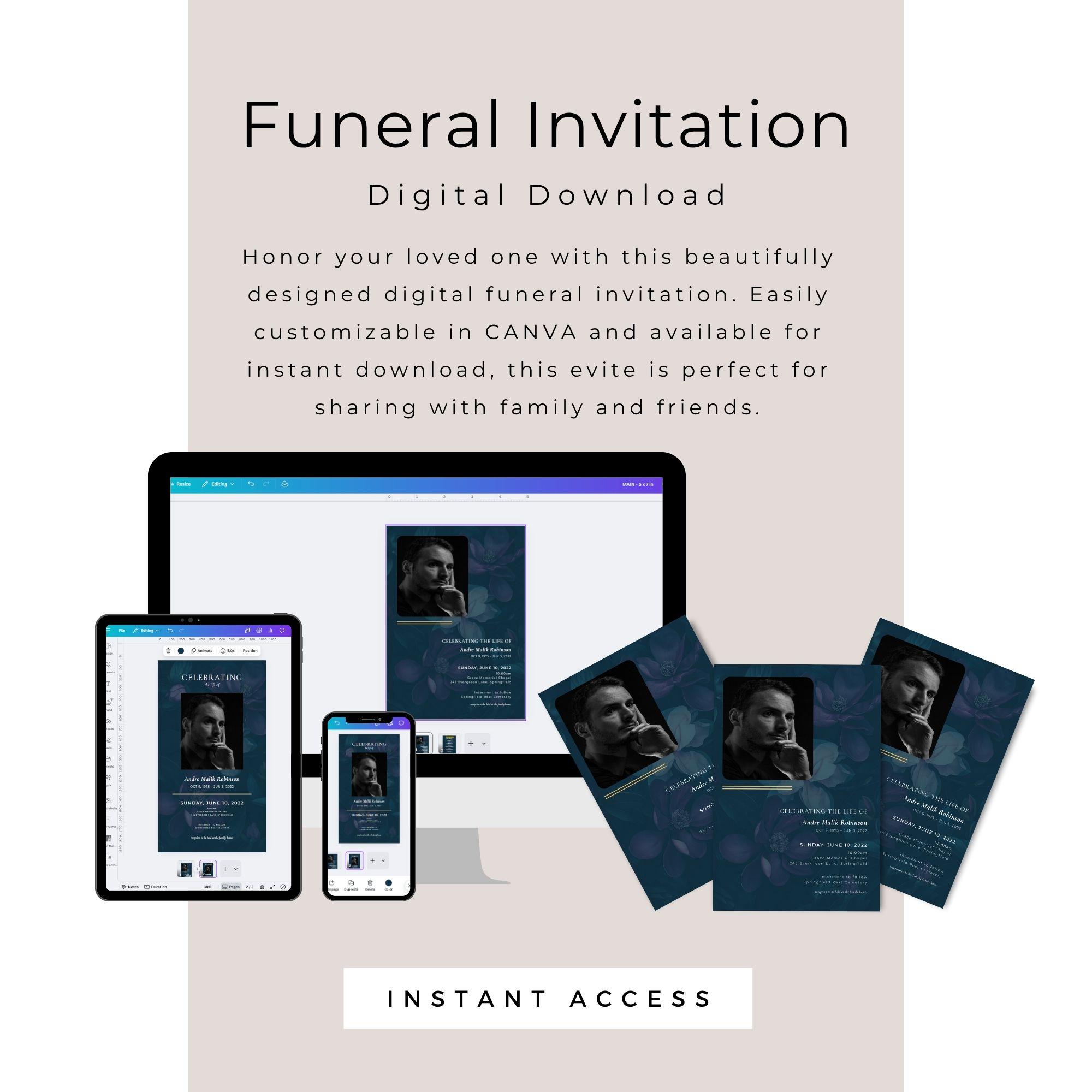 Dark Floral Funeral Program Invitation, Digital Memorial Invite Canva ...