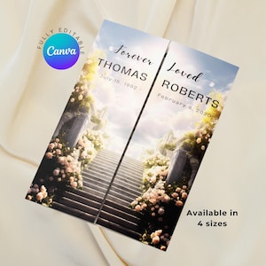 Gatefold Memorial Service Program, Editable Canva Funeral Template, Stairway to Heaven Funeral Program, Obituary Template Instant Download