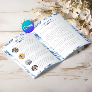May include: A blue and white floral patterned booklet with the title "Obituary" and "Tributes" on the front and back covers. The text inside the booklet is about a person who passed away.