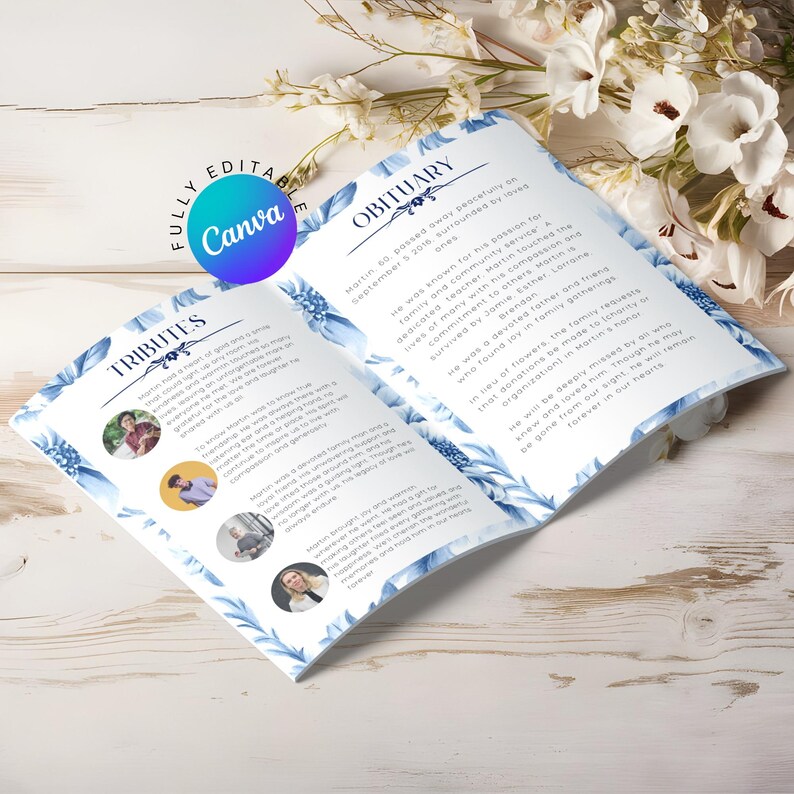 May include: A blue and white floral patterned booklet with the title "Obituary" and "Tributes" on the front and back covers. The text inside the booklet is about a person who passed away.