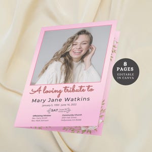 Puede incluir: Un programa de funeral rosa y blanco con una foto de una mujer sonriendo. El programa incluye el texto "A loving tribute to Mary Jane Watkins" y las fechas "January 5, 1993 - June 16, 2022". El programa también incluye la fecha y la hora del servicio fúnebre, el nombre de la iglesia y la dirección.