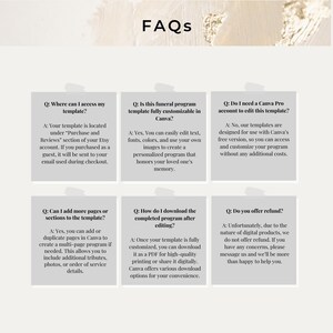 May include: A white background with a light gray border around six boxes containing frequently asked questions (FAQs) about a funeral program template. The questions are: Where can I access my template?, Is this funeral program template fully customizable in Canva?, Do I need a Canva Pro account to edit this template?, Can I add more pages or sections to the template?, How do I download the completed program after editing?, Do you offer refund?