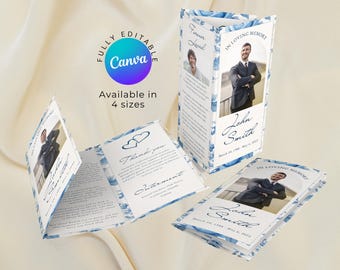 Blue Trifold Funeral Program Canva Template Editable Homegoing Celebration Program, Simple Obituary Template for Men Funeral Brochure DIY