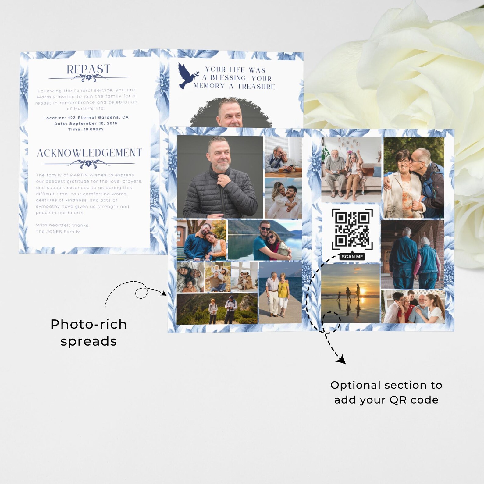 Blue Obituary Template Canva Editable Funeral Program Template for